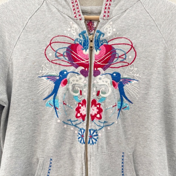 Johnny Was Full Zip Hoodie Medium Gray Embroidered Hummingbird Heart Boho Casual - Picture 8 of 11